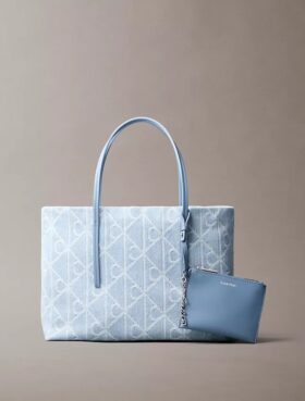 Allover Emblem Logo Denim Small Tote Bag