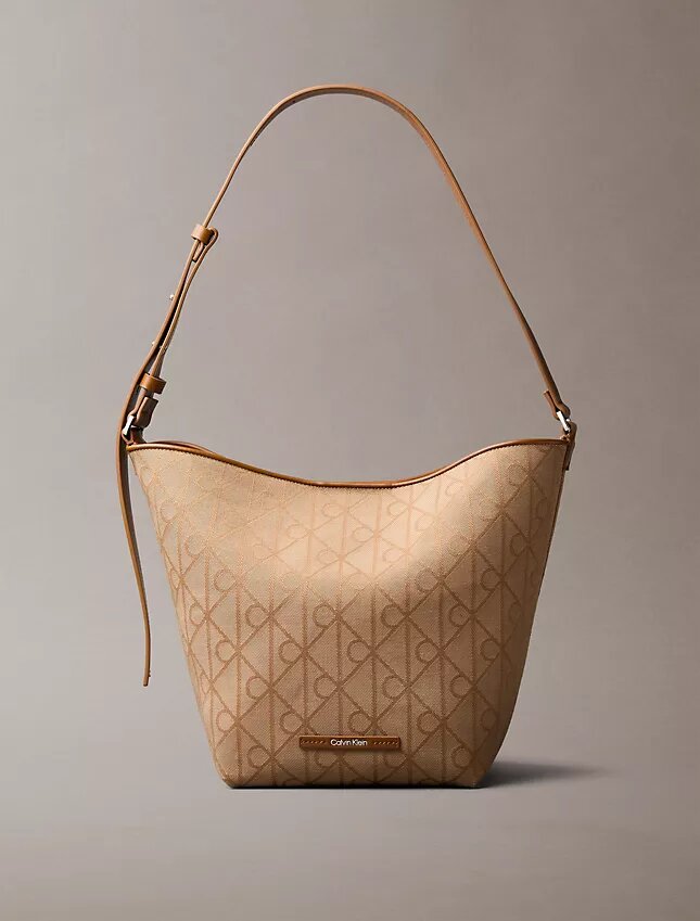Allover Emblem Logo Jacquard Bucket Bag with Pouch Allover Emblem Logo Jacquard Bucket Bag with Pouch