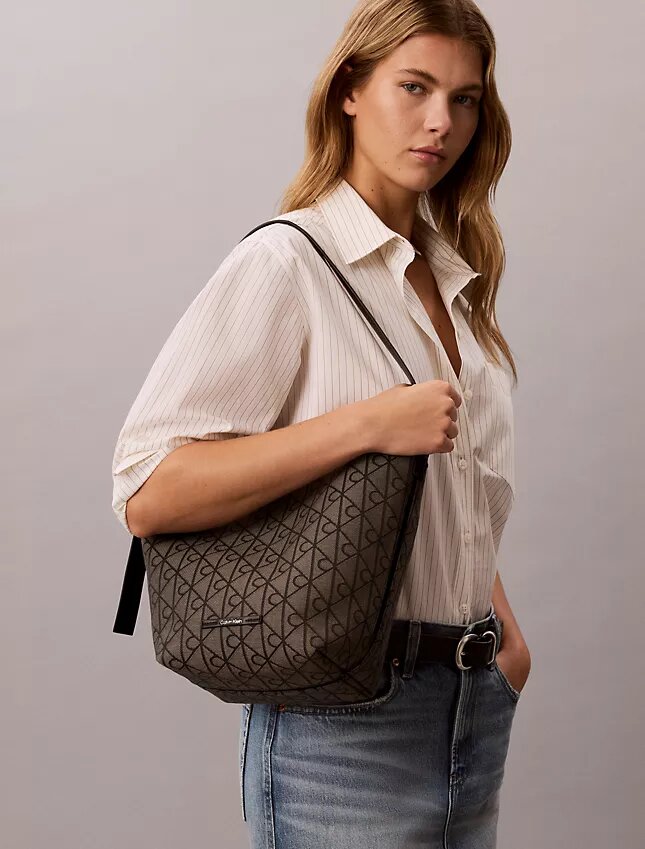 Allover Emblem Logo Jacquard Bucket Bag with Pouch Allover Emblem Logo Jacquard Bucket Bag with Pouch