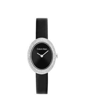 Contoured Bezel Oval Dial Leather Strap Watch