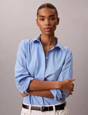 Cotton Poplin Emblem Logo Stripe Button-Down Shirt