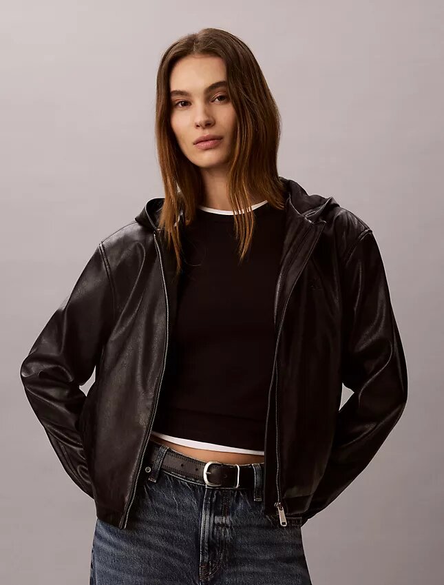 Faux Leather Hooded Jacket Faux Leather Hooded Jacket