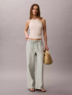 Linen Blend Drawstring Wide Leg Pants