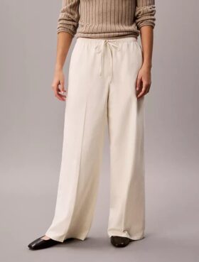 Linen Blend Drawstring Wide Leg Pants