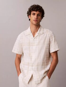 Linen Blend Plaid Relaxed Button-Down Shirt