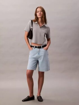 Linen Blend Relaxed Denim Bermuda Shorts