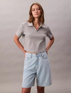 Linen Blend Relaxed Denim Bermuda Shorts