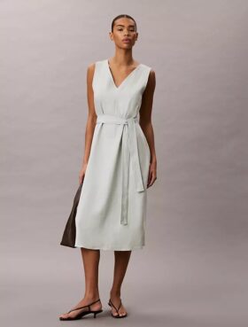 Linen Blend V-Neck Sleeveless Belted Dress