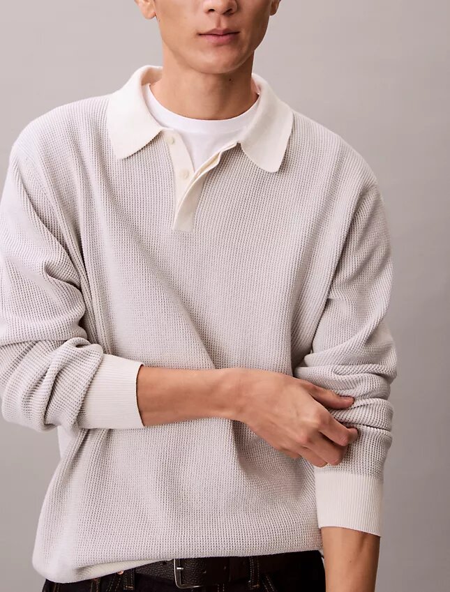 Smooth Cotton Waffle Polo Sweater Smooth Cotton Waffle Polo Sweater