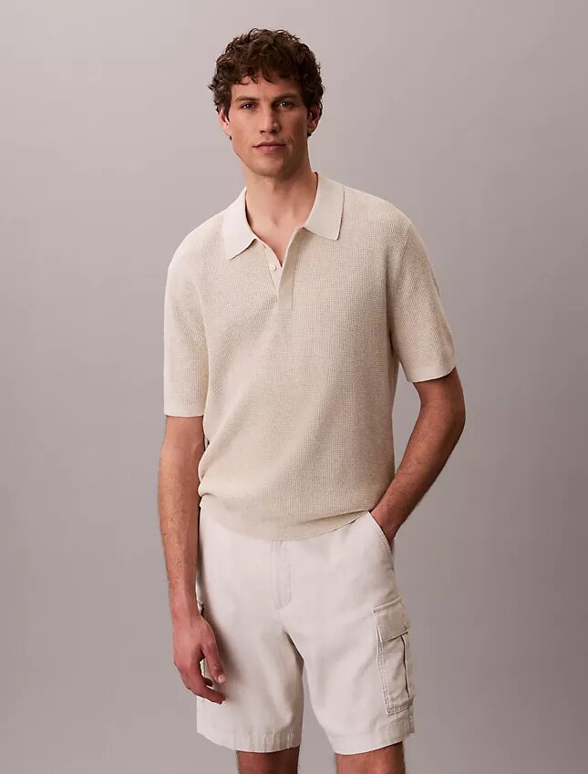 Smooth Cotton Waffle Sweater Polo Shirt Smooth Cotton Waffle Sweater Polo Shirt