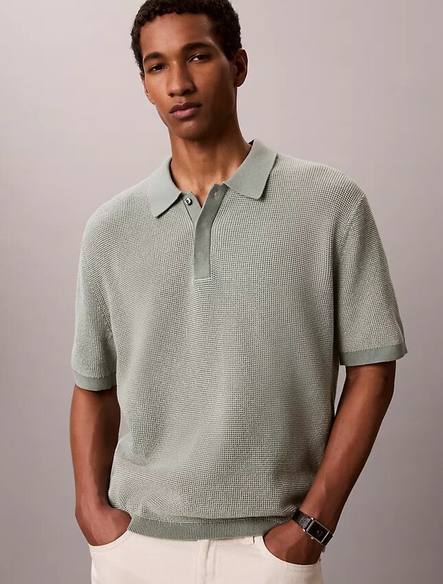 Smooth Cotton Waffle Sweater Polo Shirt Smooth Cotton Waffle Sweater Polo Shirt