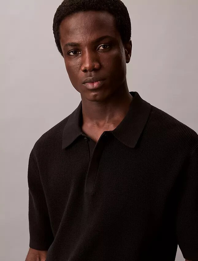 Smooth Cotton Waffle Sweater Polo Shirt Smooth Cotton Waffle Sweater Polo Shirt