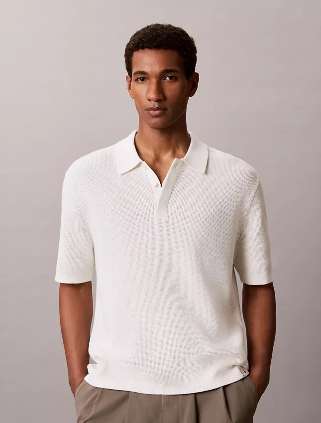 Smooth Cotton Waffle Sweater Polo Shirt Smooth Cotton Waffle Sweater Polo Shirt