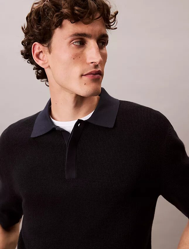 Smooth Cotton Waffle Sweater Polo Shirt Smooth Cotton Waffle Sweater Polo Shirt