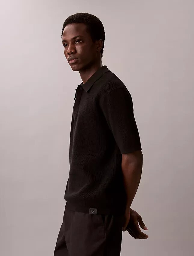 Smooth Cotton Waffle Sweater Polo Shirt Smooth Cotton Waffle Sweater Polo Shirt