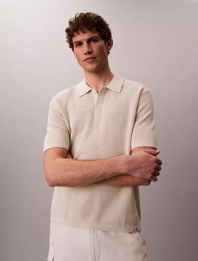 Smooth Cotton Waffle Sweater Polo Shirt Smooth Cotton Waffle Sweater Polo Shirt