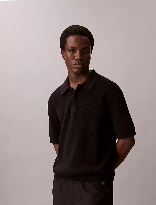 Smooth Cotton Waffle Sweater Polo Shirt Smooth Cotton Waffle Sweater Polo Shirt