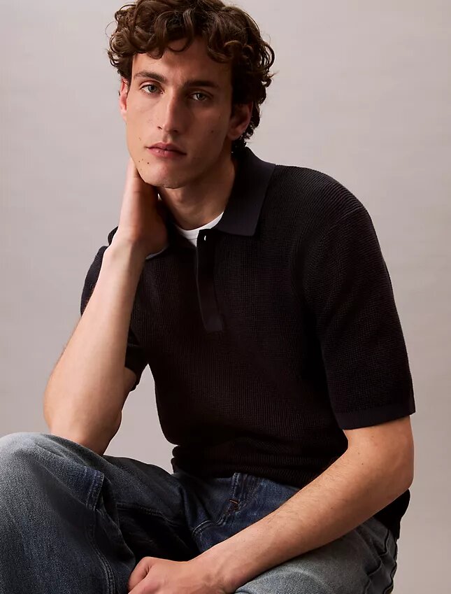 Smooth Cotton Waffle Sweater Polo Shirt Smooth Cotton Waffle Sweater Polo Shirt