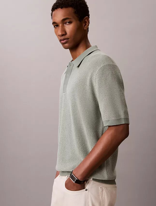 Smooth Cotton Waffle Sweater Polo Shirt Smooth Cotton Waffle Sweater Polo Shirt
