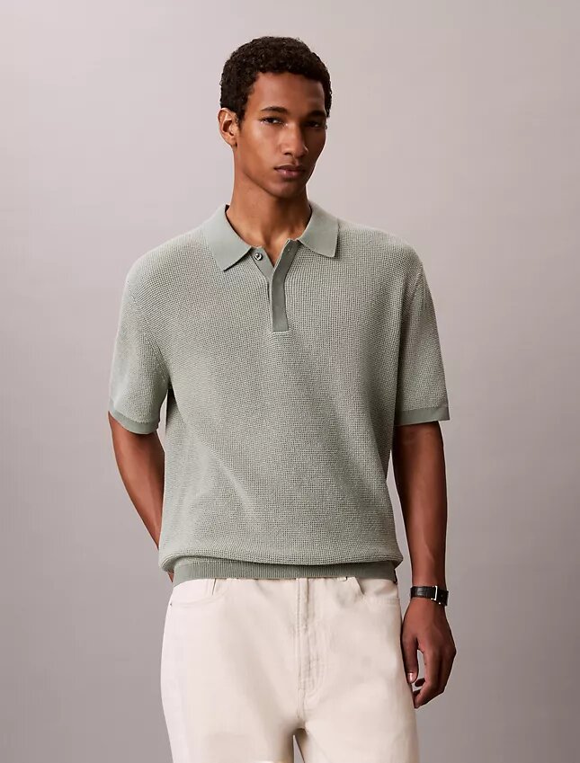 Smooth Cotton Waffle Sweater Polo Shirt Smooth Cotton Waffle Sweater Polo Shirt