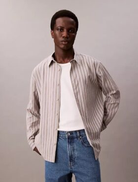 Viscose Nylon Blend Stripe Relaxed Button-Down Shirt