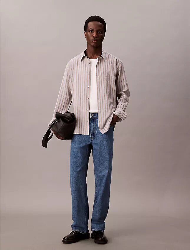Viscose Nylon Blend Stripe Relaxed Button-Down Shirt Viscose Nylon Blend Stripe Relaxed Button-Down Shirt