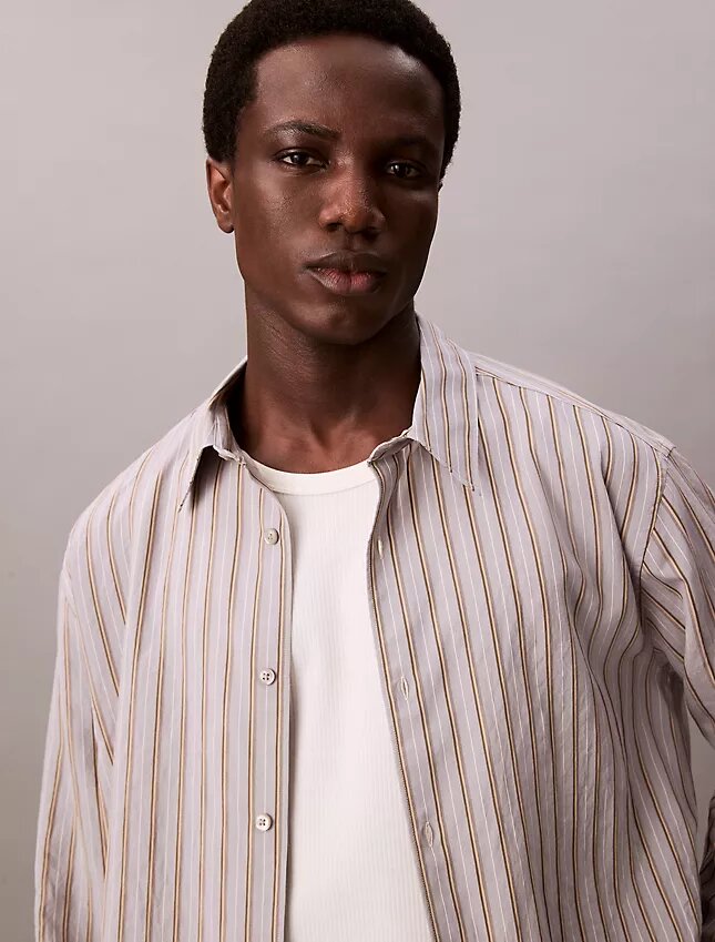 Viscose Nylon Blend Stripe Relaxed Button-Down Shirt Viscose Nylon Blend Stripe Relaxed Button-Down Shirt