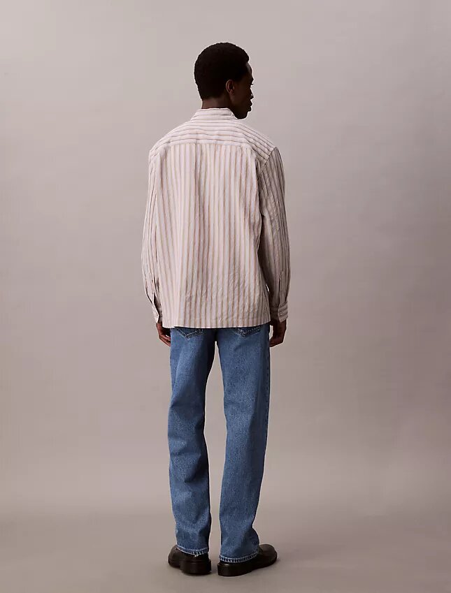 Viscose Nylon Blend Stripe Relaxed Button-Down Shirt Viscose Nylon Blend Stripe Relaxed Button-Down Shirt
