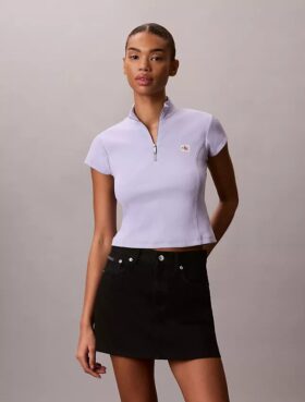 Woven Monologo Rib Quarter Zip Top